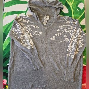 Women's Rain & Rose Embroidered Floral Knit Hooded  Sweater Medium Gray